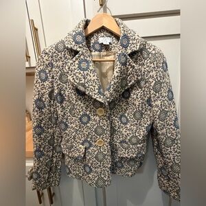 LOFT Cream Cropped Blazer with Blue and Green Embroidered Medallions